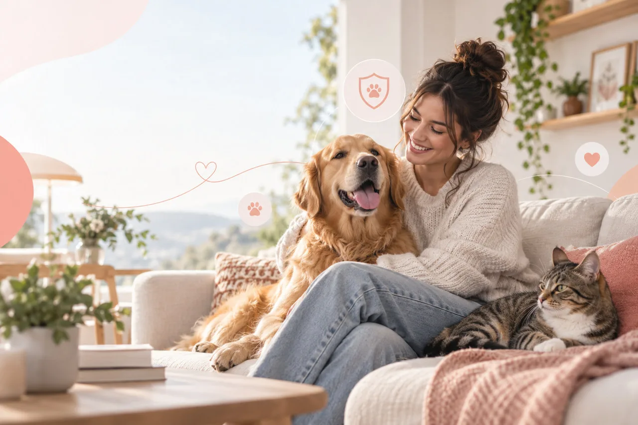 Owner sitting with a dog and tabby cat on a sofa